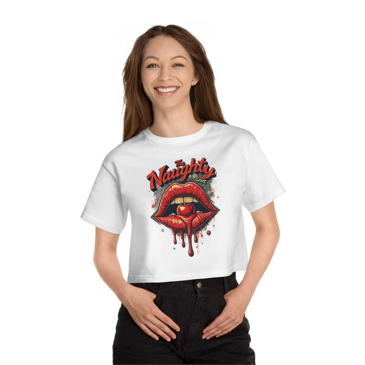 Woman wearing a cropped shirt with a naughty/funny design