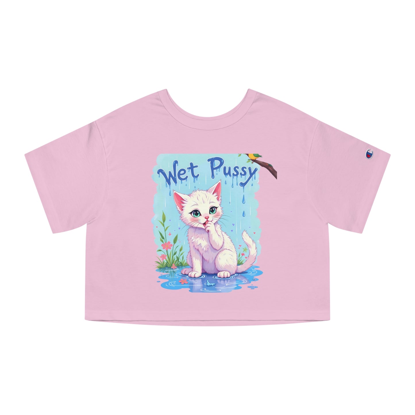 Cheapest Authentic Champion “Wet Pussy” Graphic Tee for Women – Playful Cropped Cat Shirt