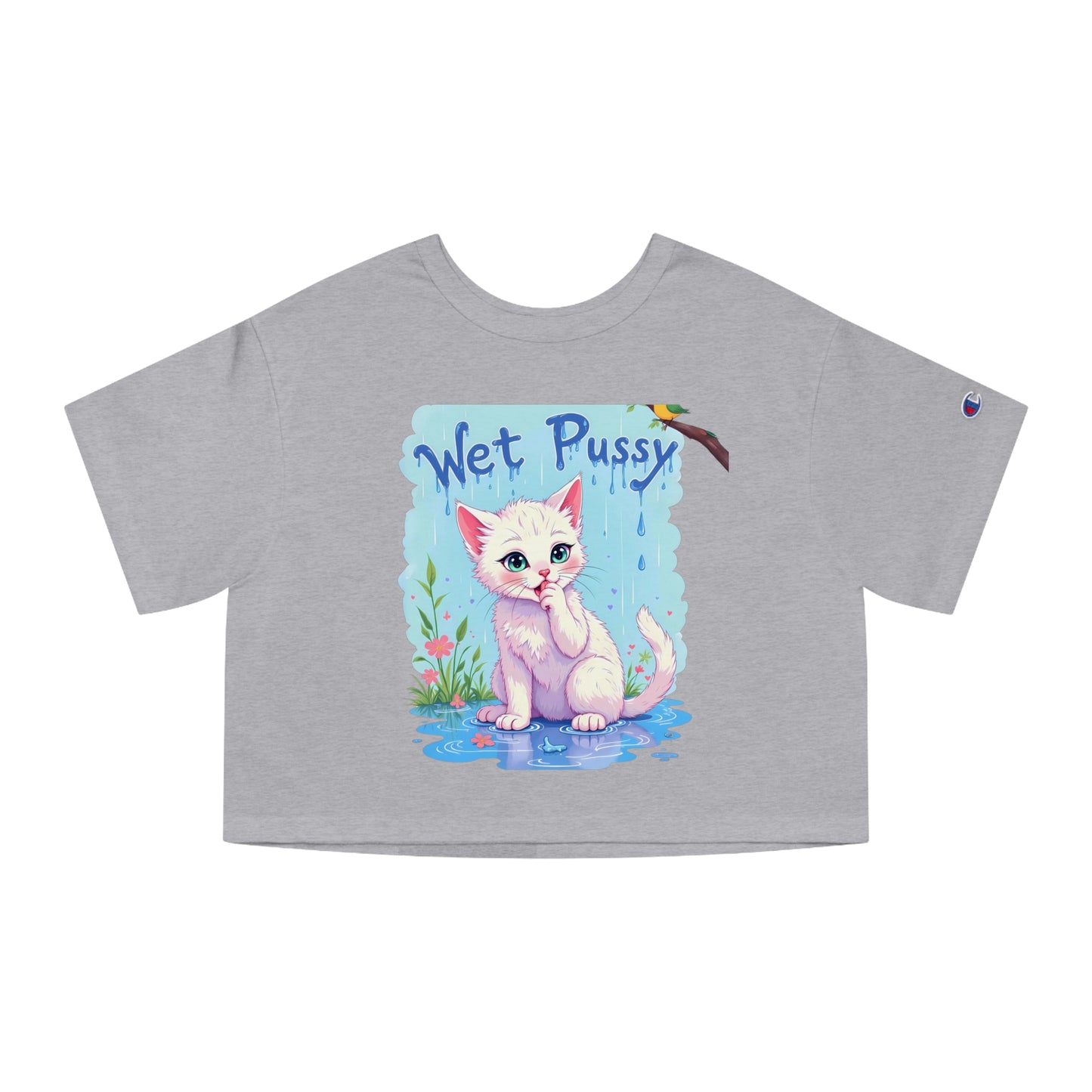 Cheapest Authentic Champion “Wet Pussy” Graphic Tee for Women – Playful Cropped Cat Shirt