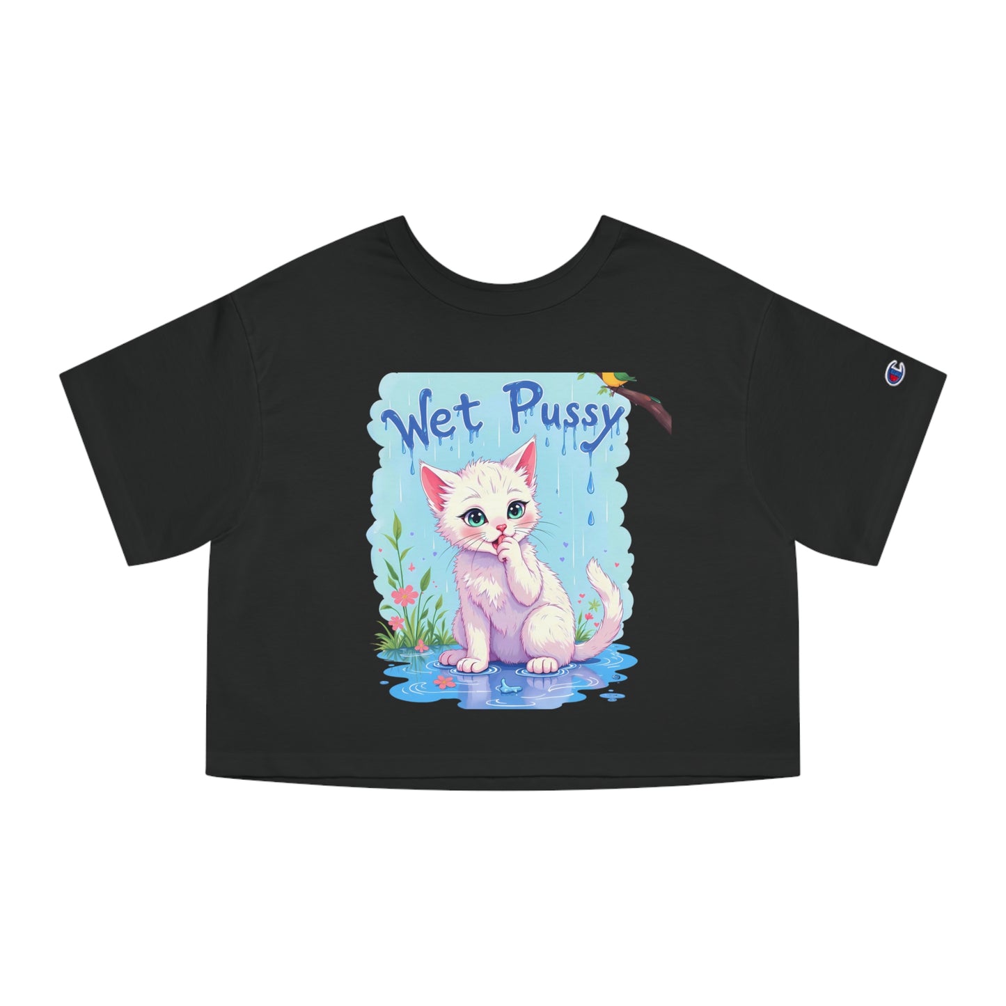 Cheapest Authentic Champion “Wet Pussy” Graphic Tee for Women – Playful Cropped Cat Shirt