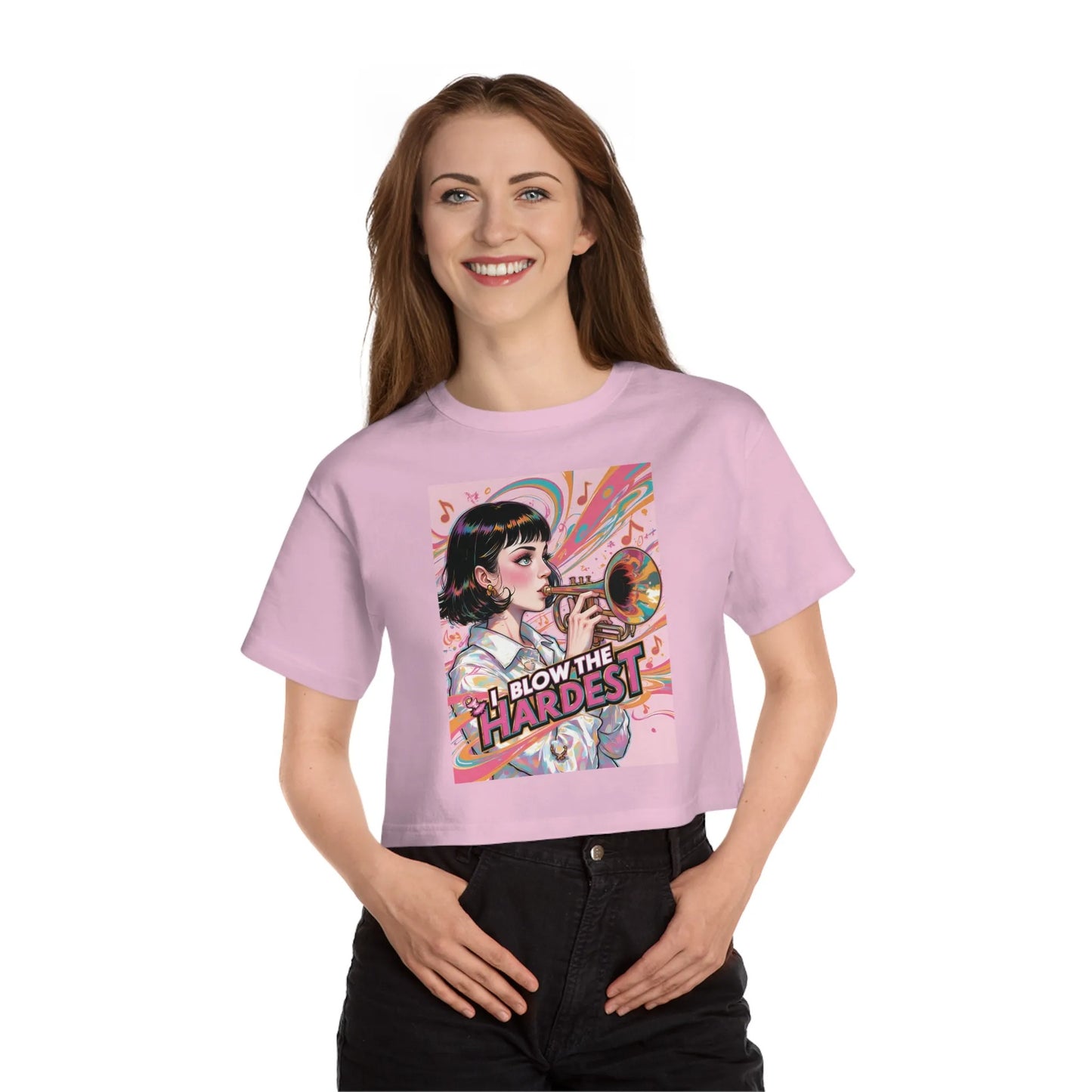 "I Blow the Hardest" Champion Heritage T-shirt for Women – Cropped Cotton Tee with Logo