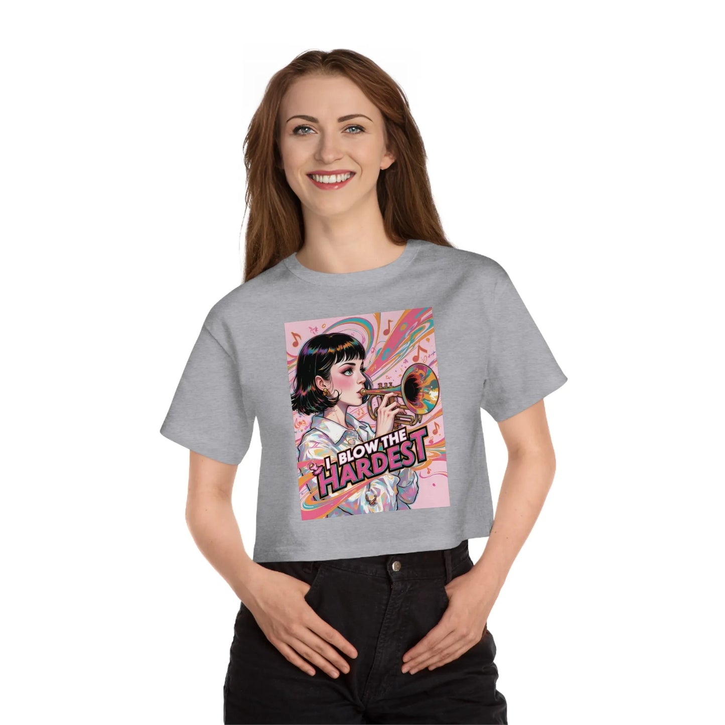 "I Blow the Hardest" Champion Heritage T-shirt for Women – Cropped Cotton Tee with Logo