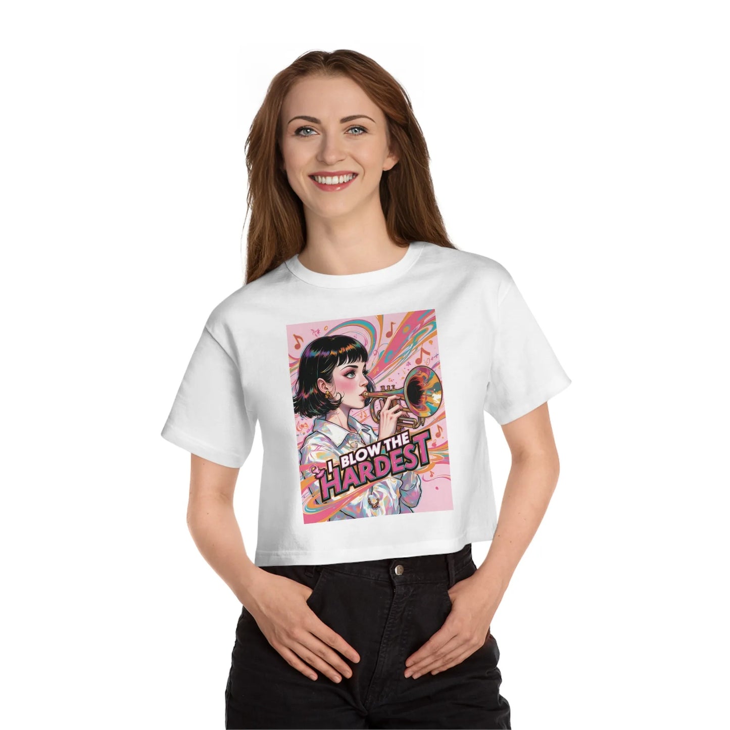 "I Blow the Hardest" Champion Heritage T-shirt for Women – Cropped Cotton Tee with Logo